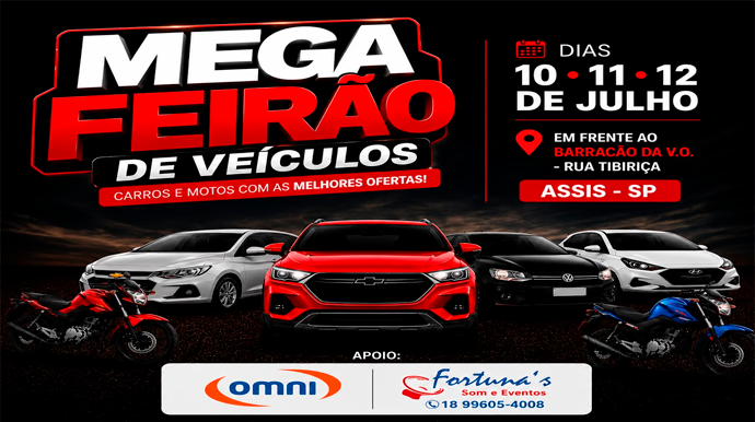 Mega Feirão de Veículos será realizado em Assis com carros, motos e condições especiais de financiamento FOTO: Divulgação